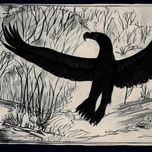 Image similar to drawing of a black eagle flying over a forest