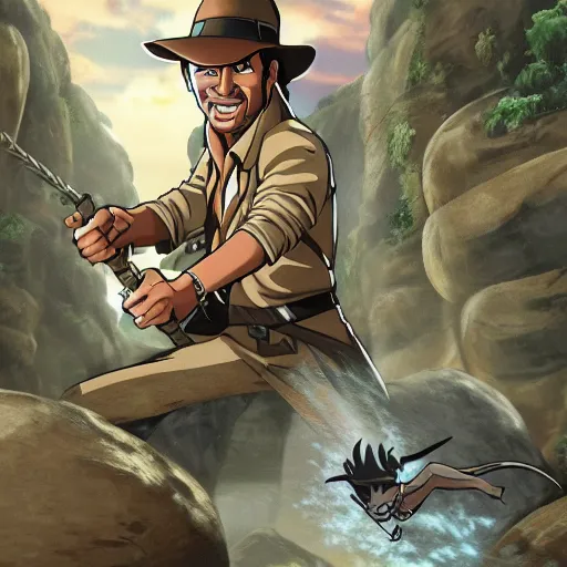 Image similar to Indiana Jones being chased by a boulder trap, boulder chase, underground ancient stone temple background, Indiana Jones running away from big round stone, raiders of the lost ark, detailed background, anime key visual