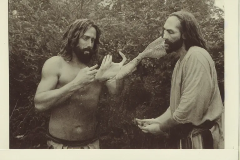 Image similar to old polaroid of jesus arguing with jonh about the fish