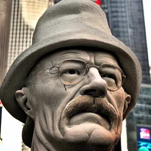 Image similar to a photograph of a very detailed renaissance sculpture of walter white in a hat standing in times square, made by michelangelo, from the distance, hyper detailed, sharp focus, 8 k resolution, ray tracing