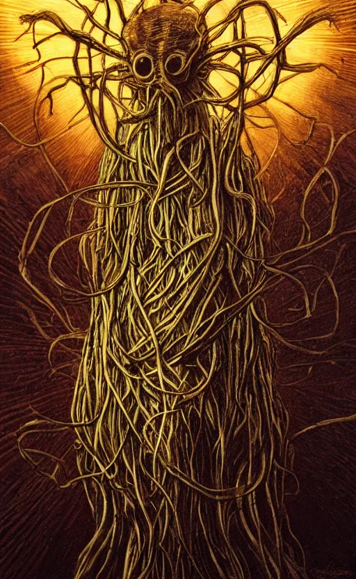 Image similar to portrait of lovecraftian onion surrounded by beams of light dark background by wayne barlow, stanley donwood, anton semenov, zdzislaw bekinski, hr giger, 8 k, fantasy, dark, highly detailed