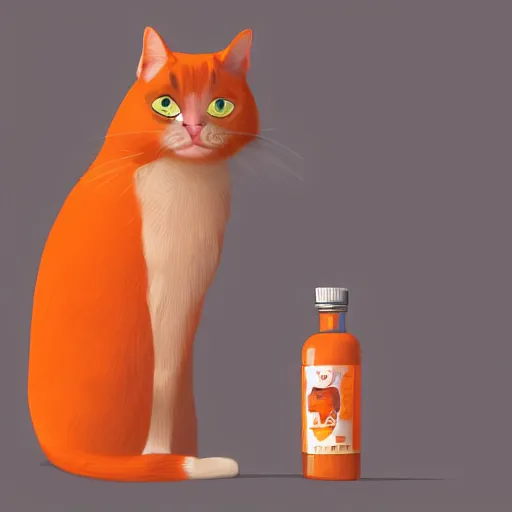 Prompt: a cat standing next to a bottle of medicine. orange cat. animal. digital art. artstation. illustration. portrait.