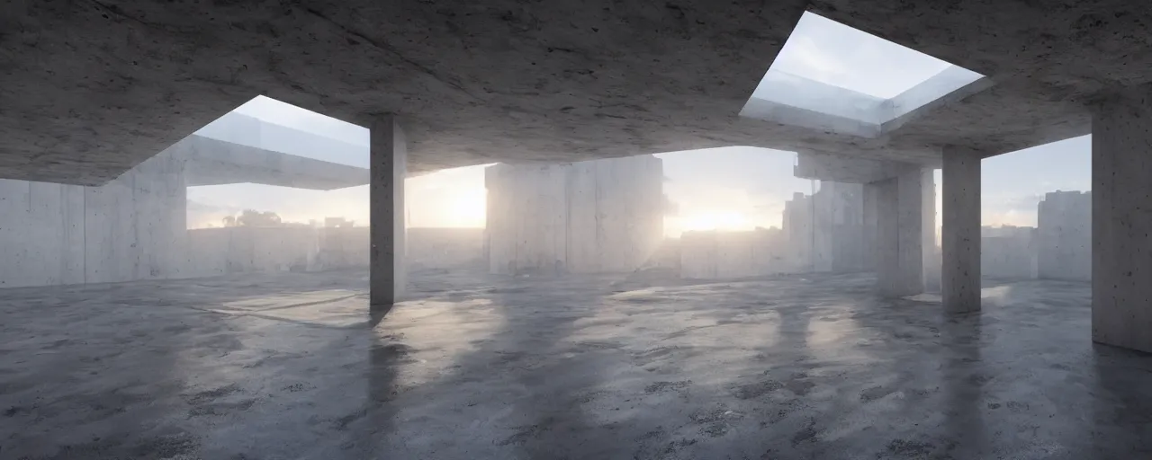 Image similar to White brutalist artistic art gallery with empty frames on the wall, stunning volumetric light, sunset, metal, concrete and translucent material, stunning lights, majestic architecture, trending on Artstation, 8k, photorealistic, hyper detailed, unreal engine 5, IMAX quality, cinematic, epic lighting, in the style of Greg Rutkowski