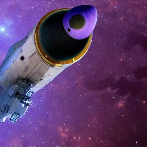 Prompt: a space ship preparing to leave a planet, the planet has purple rivers, the space ship is still on the surface of the planet, realistic, NASA