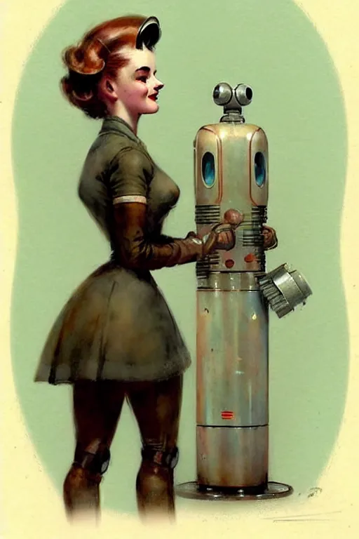 Image similar to ( ( ( ( ( 1 9 5 0 s retro future robot android west world bar maid. muted colors. ) ) ) ) ) by jean - baptiste monge!!!!!!!!!!!!!!!!!!!!!!!!!!!!!!