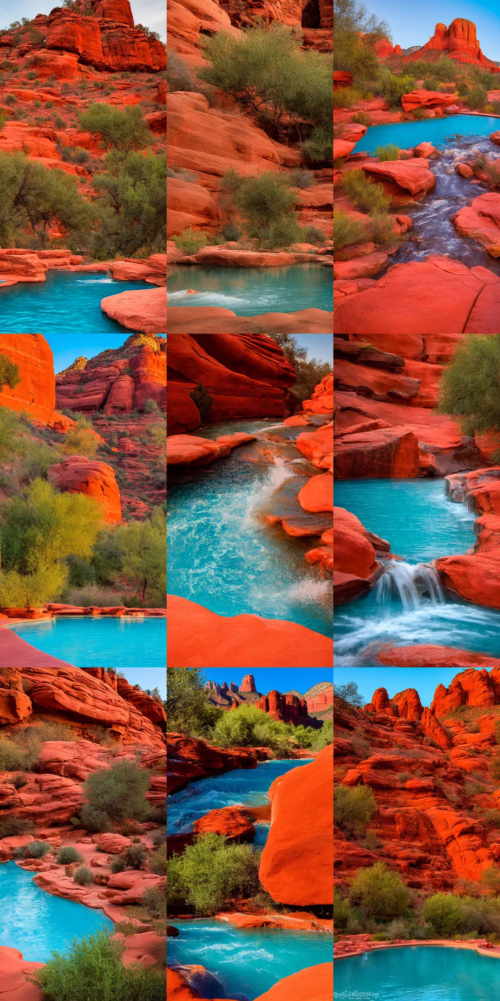 Prompt: a turquoise swimming pool river flowing between majestic red rocks in Sedona Arizona, golden hour