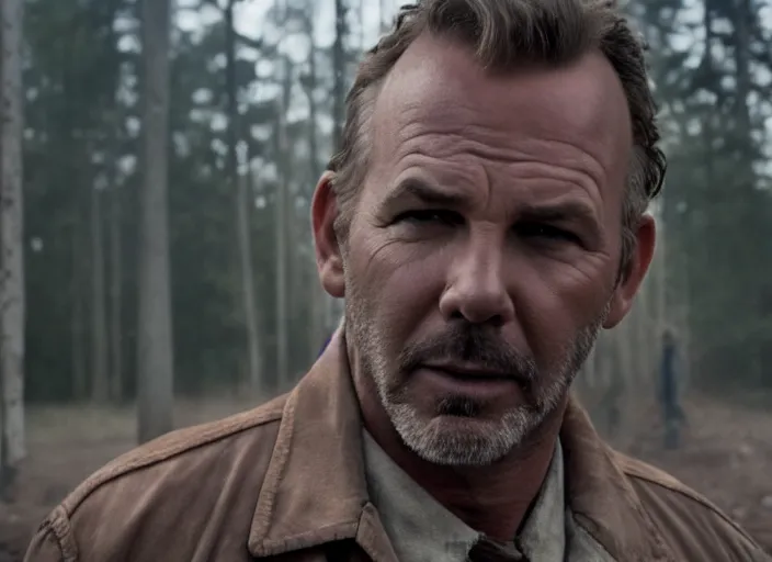 Image similar to film still of!!!!! kevin costner!!!!! as jim hopper in stranger things, 4 k