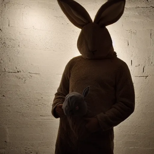 Image similar to Man with a rabbit costume in the attic, dark, shadows, night, 8k Photography
