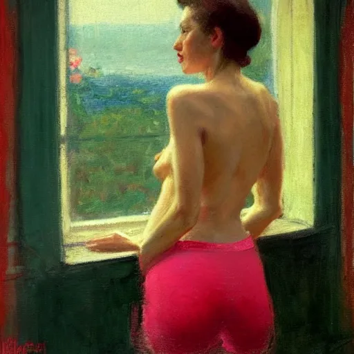 Image similar to A woman looking through a rainy window, back view, wide shot, pink string bikini, modest, 1950s, americana, award-winning, warm colors, by Ilya Repin, deviantart
