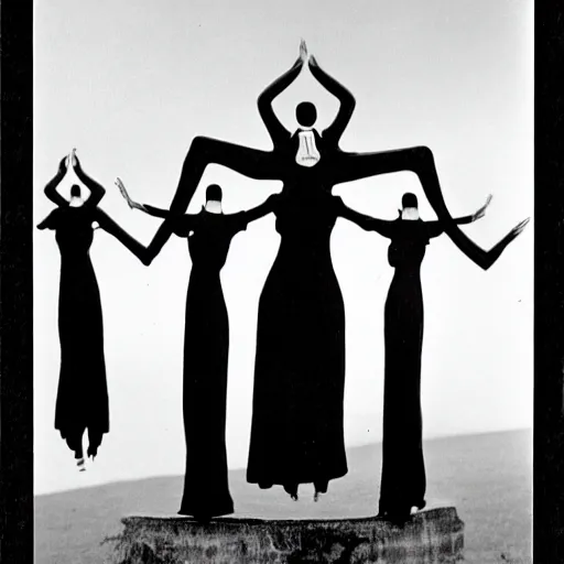 Prompt: black and white, award winning photo, levitating twin nuns each having 6 arms, wearing swimsuit, pentgram necklace, a guillotine is depicted, the nuns have Very long arms, in a sanctuary, eerie, frightening —width 1024 —height 1024