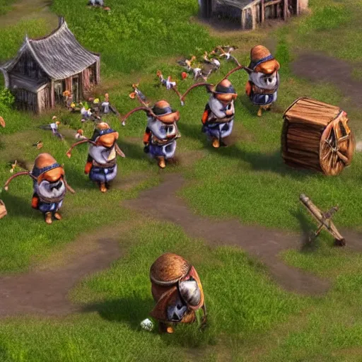 Image similar to a group of cute giant minions standing near a Town Center in the game Age of Empires, realistic minions