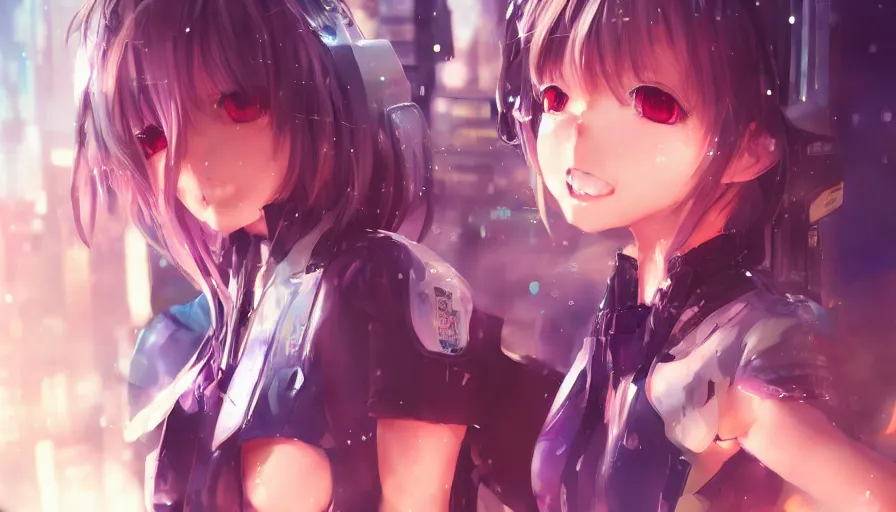 Image similar to cute anime girl in a cyberpunk city by wlop, detailed eyes, heterochromia, bright eyes, closeup, happy expression, laughing, short minidress, light clothing, posing, light rain, hyper real, detailed digital art, idol, photorealistic, trending on art station