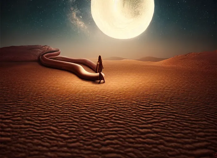 Prompt: giant snake on a moonlit desert, art by artgerm and greg rutkowski, cinematic shot, intricate, ornate, photorealistic, ultra detailed, trending artstaition, realistic, 1 0 0 mm, photography, octane, high definition, depth of field, bokeh, 8 k