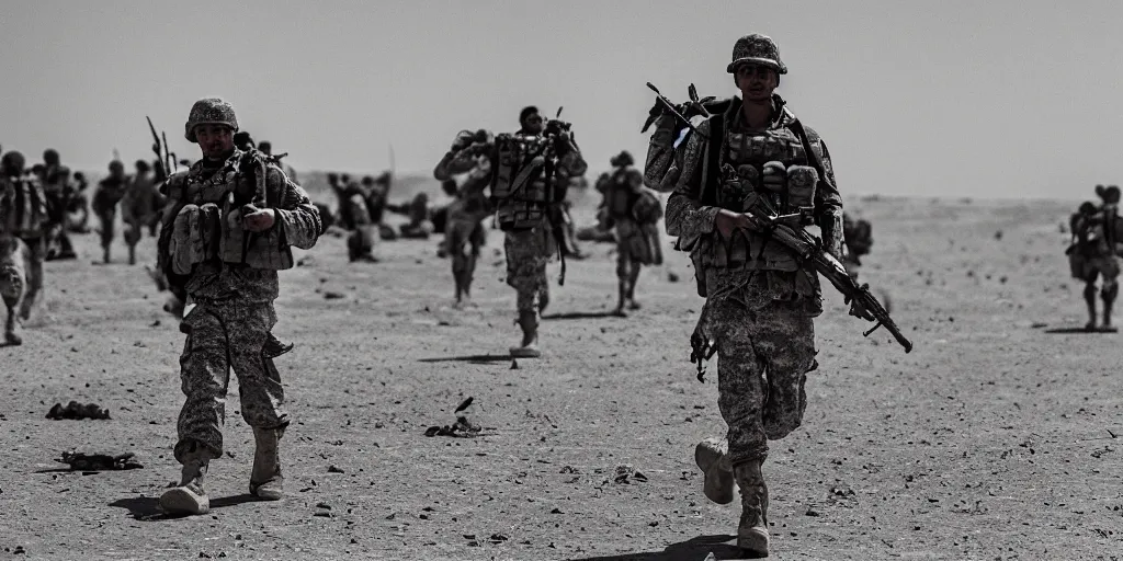 Prompt: a rooster soldier walking the sands of iraq with his platoon. cinematic photograph. 35mm.