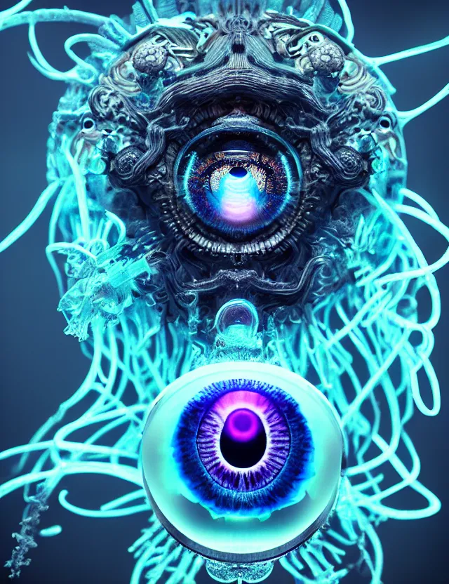 Prompt: eye of god macro close - up portrait with mask made of ram skull. betta fish, jellyfish phoenix, bioluminiscent, plasma, ice, water, wind, creature, super intricate ornaments artwork by tooth wu and wlop and beeple and greg rutkowski