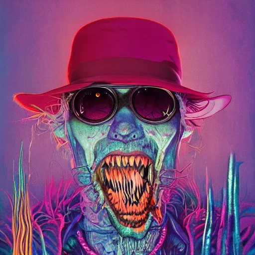 Image similar to Fear and Loathing Vampire in Wonderland, a psychedelic horror fantasy portrait by Wayne Barlowe and Beeple, vivid color, album cover,