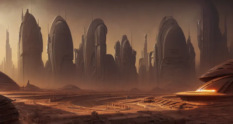 Image similar to cinematic shot, futuristic city on the mars made of stacked disks, utopian, digital painting, artstation, concept art, smooth, sharp focus, illustration, intricate, elegant, highly detailed, in the style of greg rutkowski and alphonse mucha and artemisia, 8 k, highly detailed, jurgens, rutkowski