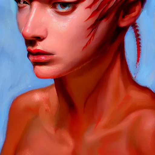 Image similar to a portrait of an intensely lit scolopendra girl modeling, red, oil painting, pale colors, high detail, 8 k, wide angle, trending on artstation,