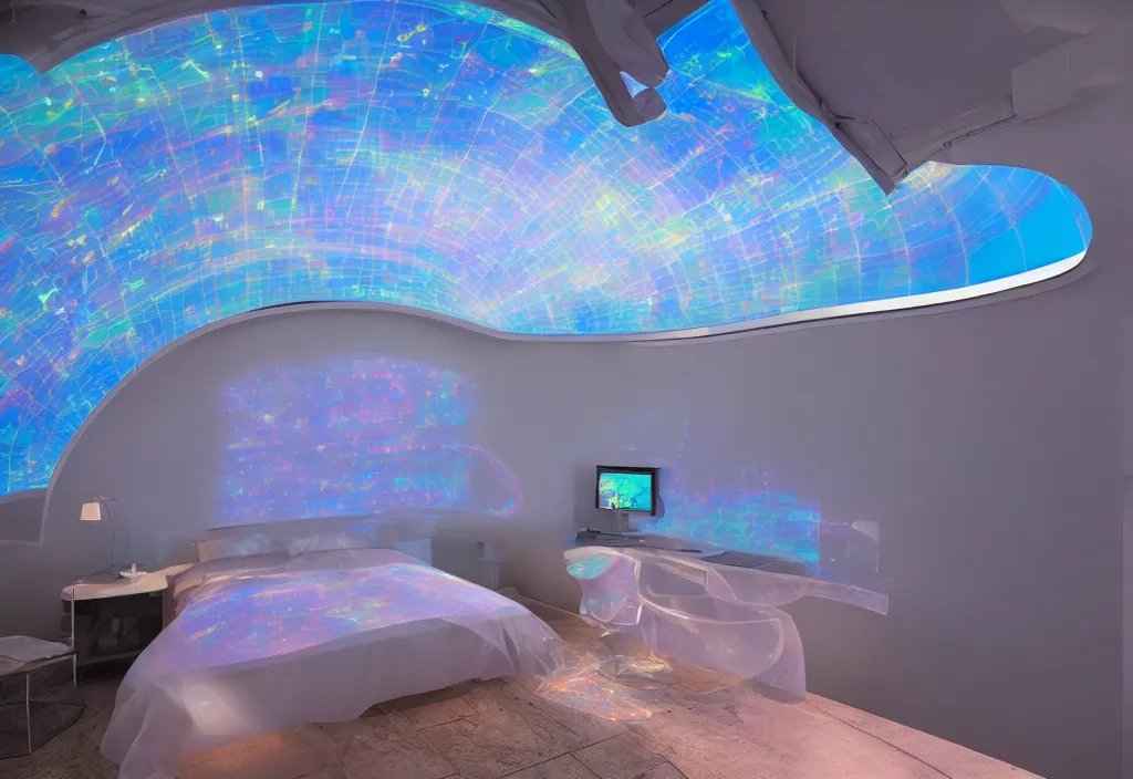 Image similar to curved translucent windows projecting florida hologram weathermap, pixel perfect photograph, high contrast, volumetric lighting, thin glowing lights, bedroom, visor, users, pair of keycards on table