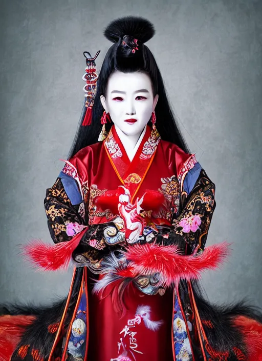 Image similar to full body portrait of a female kitsune peking opera actress with nine fluffy tails by wlop, wuxia, xianxia, kitsune, fox tails, nine - tailed fox, peking opera, lithe, absurdly beautiful, detailed, realistic, anatomically accurate, fantasy illustration, artstation, wlop, 4 k.
