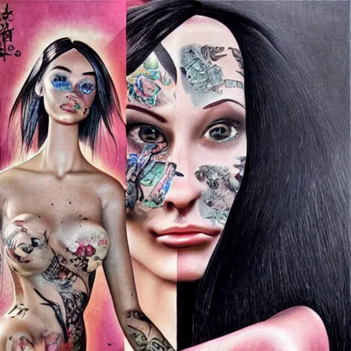 Image similar to photorealistic barbie with tattoos and torn clothes. painting by stanley lau and mc escher masterpiece
