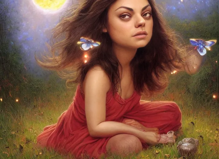 Image similar to Mila Kunis staring into the camera singing a lullaby, fireflies, full moon, Lilia Alvarado, Sophie Anderson, Mark Arian, Bob Byerley, Charlie Bowater, Mark Brooks, Steve Henderson, Justin Gerard, Arthur Hughes, Edward Robert Hughes, Mark Keathley, Victor Nizovtsev, Carlos Shwabe, Ross Tran, WLOP