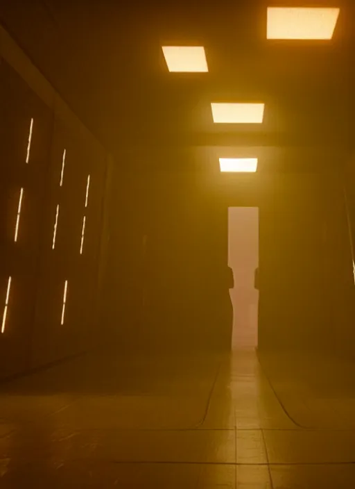 Image similar to a bright silhouette hovers above the ground inside of a hall. liminal, cozy, bladerunner 2 0 4 9 set design by alessandra querzola ( 1 9 8 8 )