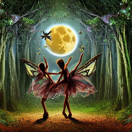 Prompt: The most artistic picture 3-D digital art fairies dancing in the woods by a full moon, surreal, award winning, highly detailed