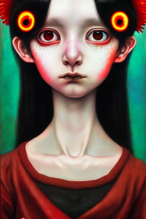 Image similar to a woman with red eyes and black hair, oil canvas art style by hikari shimoda, guillermo del toro and mark ryden, featured on cgsociety, pop surrealism, daz 3 d, anaglyph effect, iridescent, masterpiece