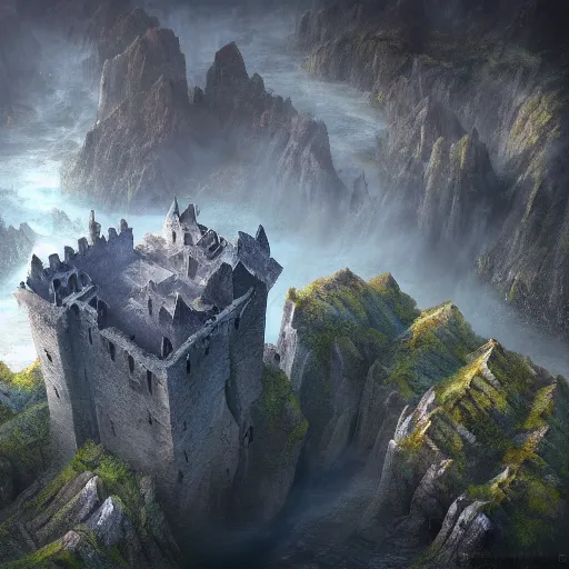 Prompt: aerial view of a square stone fortress sitting above a swamp, dramatic, by alan lee by peter mohrbacher, trending on artstation sharp focus vfx key shot