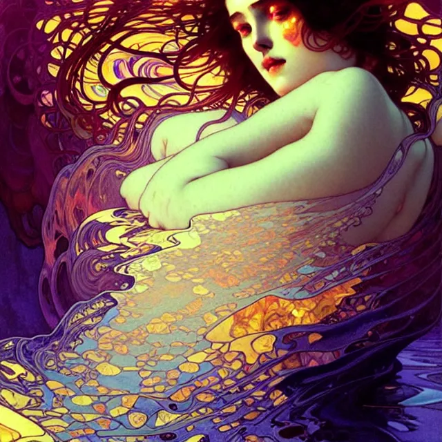 Prompt: mind bending indigo ocean waves of glossy psychedelic liquid honey drops flowing like kaleidoscopic translucent amber, lsd waves ripples, crystal clear, backlit, sunset, refracted lighting, art by collier, albert aublet, krenz cushart, artem demura, alphonse mucha