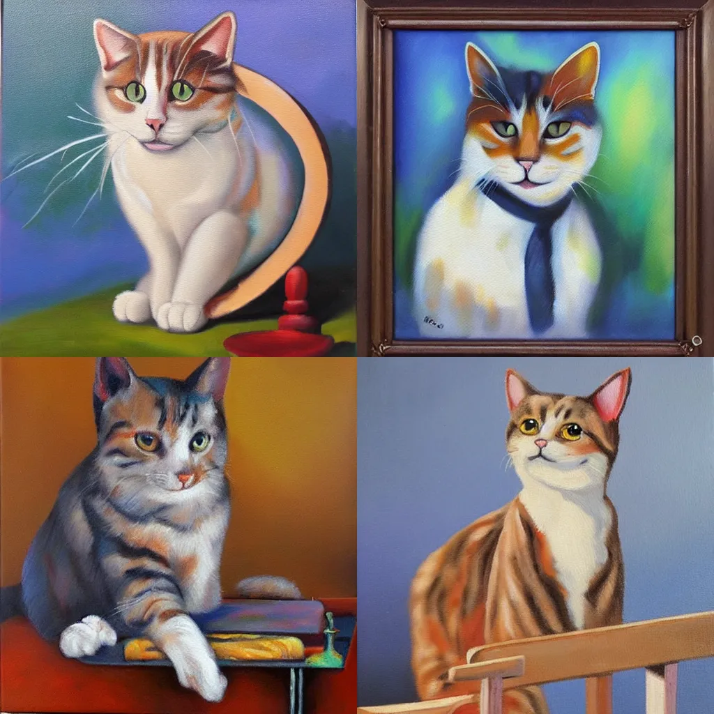 Prompt: rennaissance oil painting of cat artist with easel and paint palette