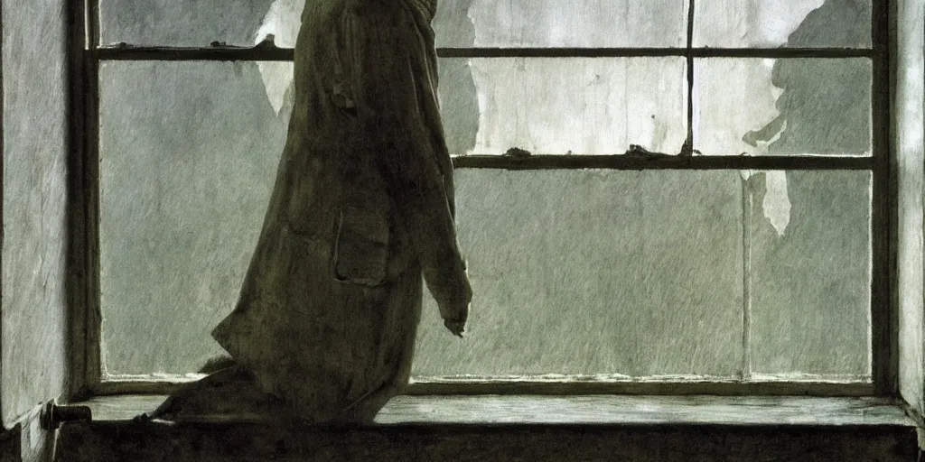Image similar to the creepy person outside the window, a painting by Andrew Wyeth