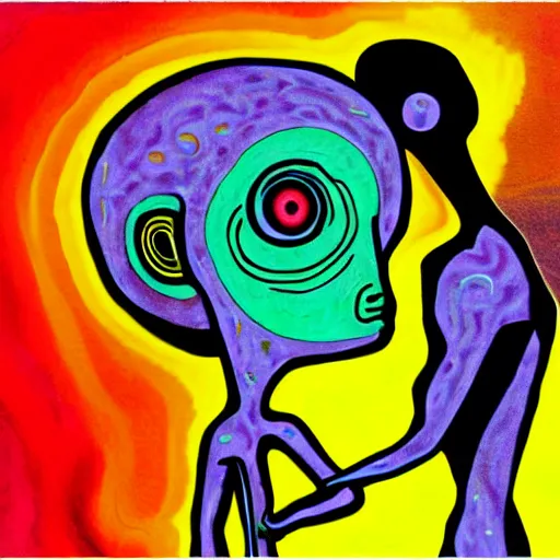 Image similar to artistic depiction of an alien being controlling a human, very colourful, enigmatic and hypnotizing art