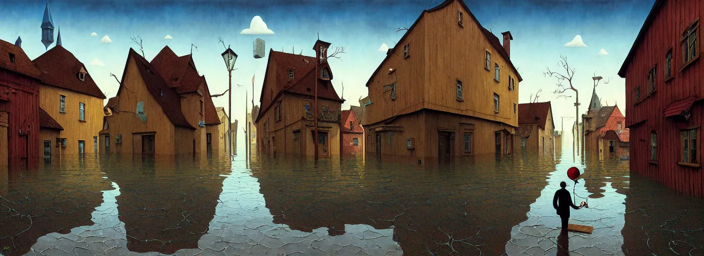 Image similar to flooded! old wooden empty cursed city street, very coherent and colorful high contrast masterpiece by gediminas pranckevicius franz sedlacek rene magritte norman rockwell, full - length view, dark shadows, sunny day, hard lighting, reference sheet white background