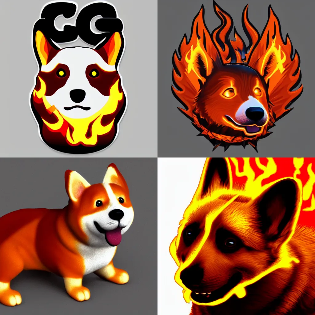 Prompt: E-spot team logo, depicting a corgi made of fire, high quality, extremely detailed, HD, 8k, artstation