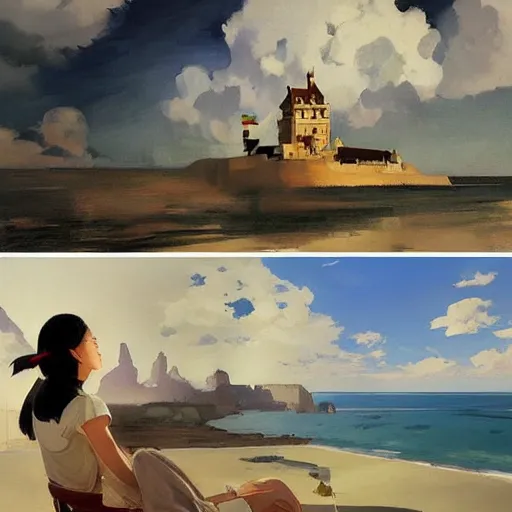 Image similar to castle on sea, moon, DARK SCHEME, by studio ghibli painting,by Joaquin Sorolla rhads Leyendecker, by Ohara Koson and Thomas, cloud.