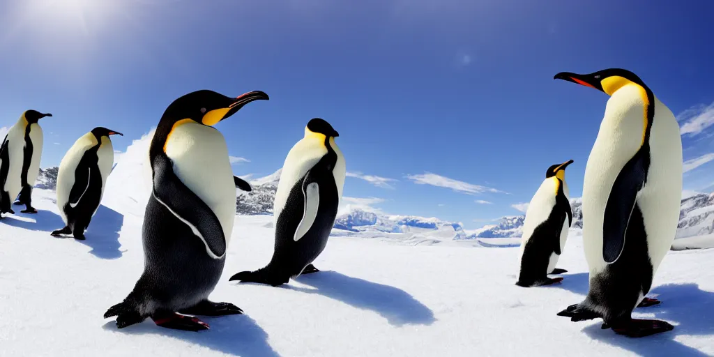 Image similar to ultrawide angle photograph of a team of penguins on snowboards extremely detailed, 8 k