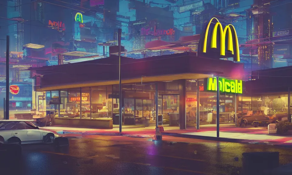 Prompt: exterior shot of a mcdonalds in a cyberpunk city, at night, neon lights, light bloom, octane render, rainy, reflections