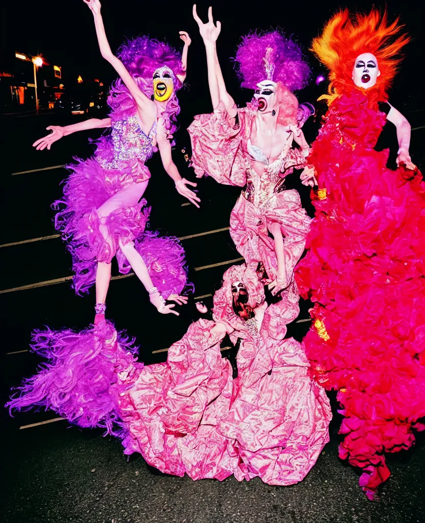 Image similar to 2 drag queens wearing Alexander McQueen gowns dancing in the street photographed by Ryan Mcginley at night with a color gel flash, detailed, hyper realistic photograph,