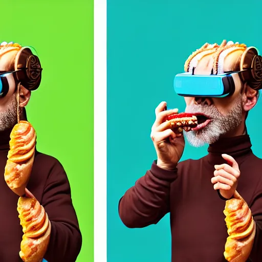 Image similar to Colour Photography of 1000 years old man with highly detailed 1000 years old face wearing higly detailed cyberpunk VR Headset designed by Josan Gonzalez. Man eating higly detailed hot-dog. In style of Josan Gonzalez and Johannes Vermeer and Mike Winkelmann and Caspar David Friedrich. Rendered in Blender