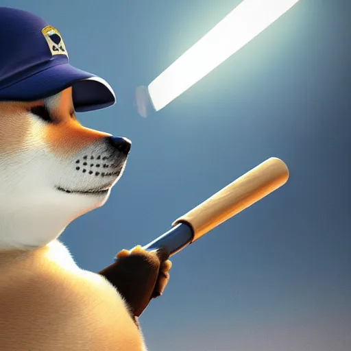 Image similar to shiba inu holding a baseball bat, wearing a police uniform character design, highly detailed digital art, atmosphere, glow, lens flare, cinematic lightning, hyperrealistic, focused, extreme details, 4 k, ultra detailed, trending on artstation, masterpiece, digital art.