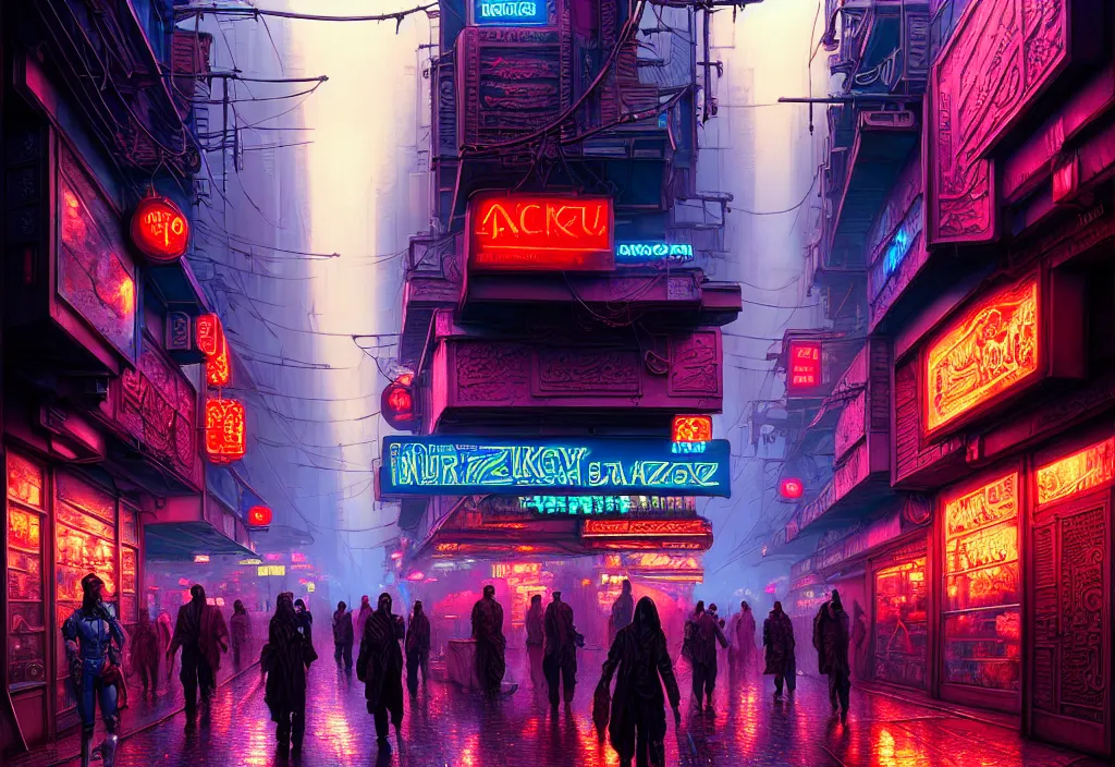 Image similar to a highly detailed bazaar street in the cyberpunk megacity of new washington, amazing cyberpunk digital painting, by gerald brom, brom digital art, intricate details, ultra realistic, beautiful art, volumetric lighting, by art germ, by brom, rule of thirds, trending cgsociety, artstation, warm colors advance cool colors recede, neon lights, crowded, 8 k