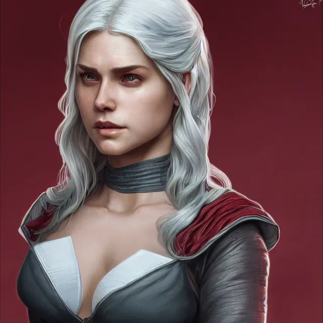 Image similar to cirilla wearing tight in chest shirt!, half - opened shirt!!, ultra realistic, pretty face, extremely detailed face!!, anatomically correct!!, symmetrical!!!, concept art, intricate details, highly detailed, photorealistic, octane render, 8 k, unreal engine. art by artgerm and greg rutkowski and alphonse mucha