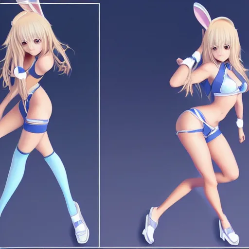 Image similar to full body shot : a very beautiful young blond anime girl with bunny headphones, sky blue eyes,, bikini, miniskirt, highly detailed, cinematic wallpaper by stanley artgerm lau
