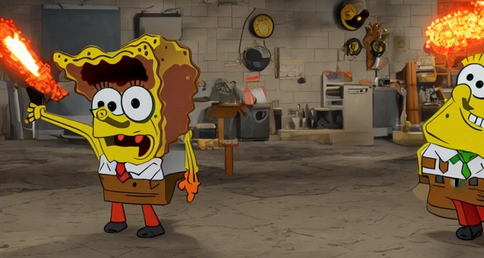 Image similar to spongebob as duke nukem, action movie poster, unreal engine, very detailed render