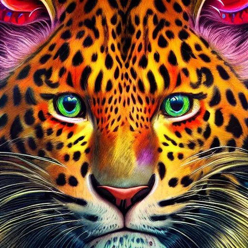 Prompt: a colorful closeup portrait of an amur leopard dreamy vibes floating head and dreaming psychedelic hair. halo behind his head. trending on artstation. by peter mohrbacher and moebius and alex ross. intricate detail. hyperrealistic. photorealism. 8 k. flat design