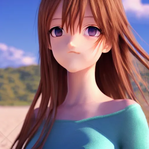 Image similar to Render of a very beautiful 3d anime girl, long hair, hazel eyes, cute freckles, full round face, short smile, cute sundress, golden hour, serene beach setting, medium shot, mid-shot, highly detailed, trending on Artstation, Unreal Engine 4k wallpaper