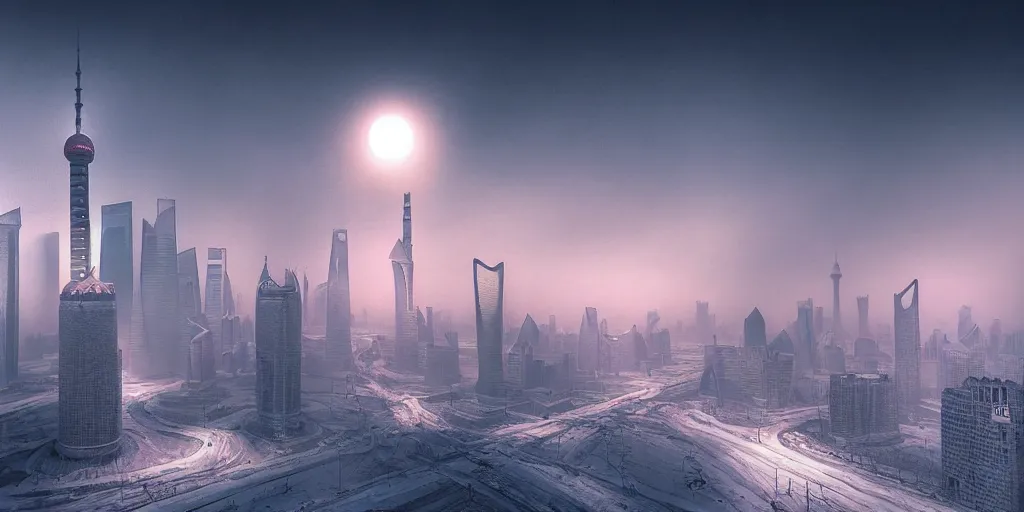 Image similar to nuclear winter, shanghai city, near future, fantasy, sci - fi, hyper realistic, serene, morning.