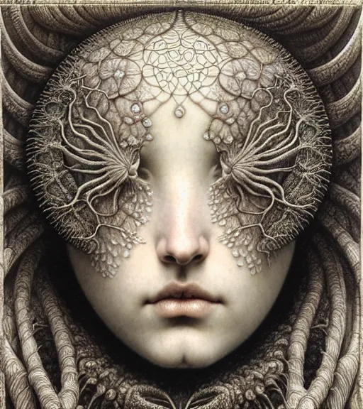 Image similar to detailed realistic beautiful botanical goddess face portrait by jean delville, gustave dore, iris van herpen and marco mazzoni, art forms of nature by ernst haeckel, art nouveau, symbolist, visionary, gothic, neo - gothic, pre - raphaelite, fractal lace, intricate alien botanicals, ai biodiversity, surreality, hyperdetailed ultrasharp octane render